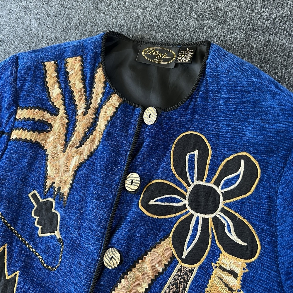 Alex Kim‎ by Allure Blue Gold Embroidered Art Jacket Women's L Vintage 90s